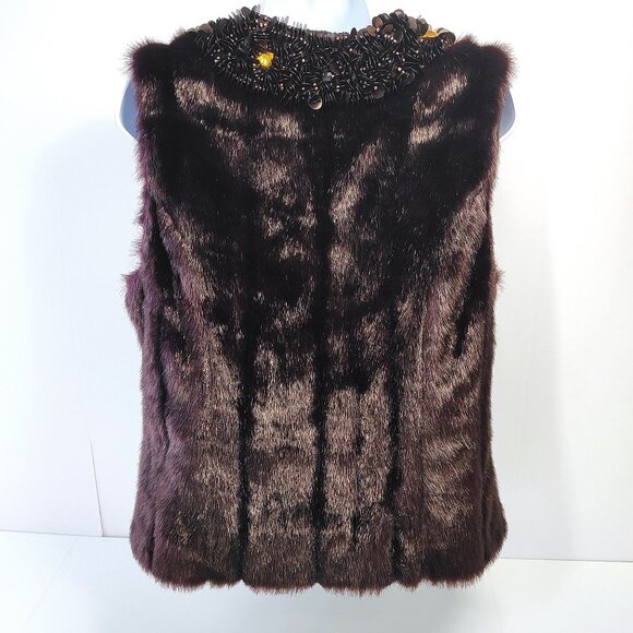 Fabulous Fur Vest Vegan Brown Plum Beaded Embellished Neck S Donna Salyers - Picture 6 of 9